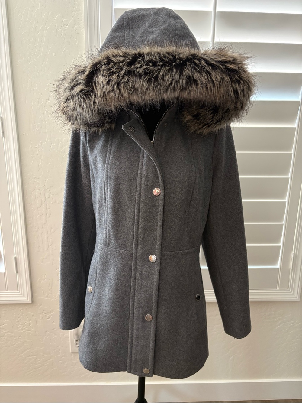London Fog Women's Gray Hooded Wool-Blend Coat with Faux Fur Trim